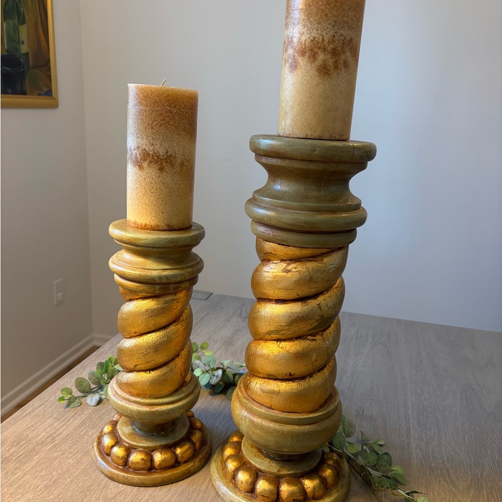 Elegant Vintage  Gold and Green Handmade wooden Candle Holders